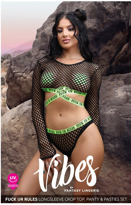 F*ck Ur Rules Long Sleeve Crop Top, Panty & Pasties